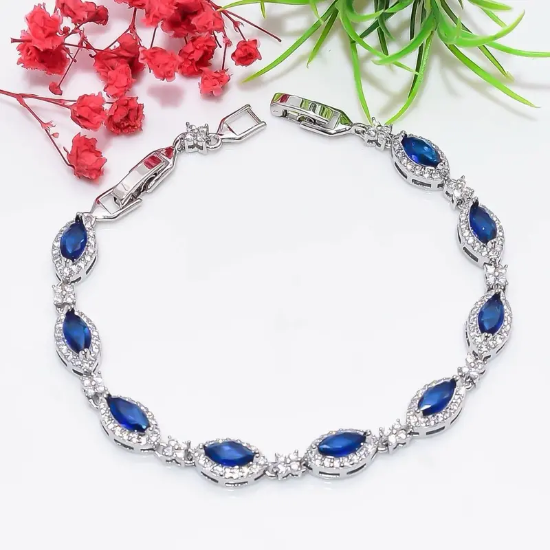 Marquise Blue Sapphire Tennis Bracelet, Sterling Silver, Crystal Accents, September Birthstone