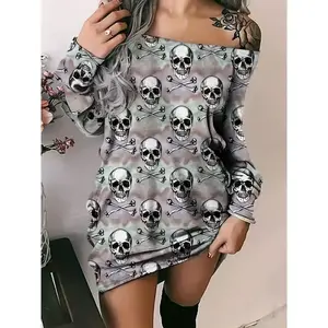 Skull Print Off-shoulder Dress, Casual Long Sleeve Mini Dress, Women's Clothing Collar Fabric Polyester Womenswear