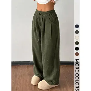 Women's retro corduroy drawstring pants, loose casual autumn and winter bottoms, casual and fashionable women's textured pantsRAIMENTRY
