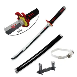 ELERVINO 31 inches Bamboo Wooden Demon Slayer Cosplay Sword Kamado Kagura Swords with White Belt & Holder Stand Display for Halloween Anime Role Playing Props Cosplay Collection Decoration Christmas Gift Birthday Decoration
