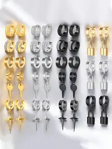 Punk Style Stainless Steel Earrings Set, Cross & Key & Lock Design Dangle Earrings & Hoop Earrings, Fashion Hip Hop Jewelry for Men & Women