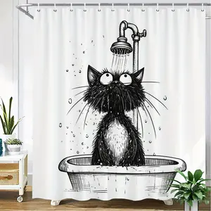Funny and surprising cat pattern forest shower curtain design, polyester fabric, windows and walls, bathtub, bathroom home decoration shower curtain, universal for all seasons, bathroom decoration curtain, equipped with 12 hooks, Shower Curtain Sets