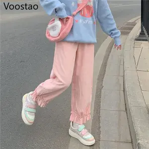 Japanese Sweet Cute Corduroy Sweatpants Women Kawaii Blue Apricot Ruffles Bloomers Girly Pants Lolita Loose Straight Trousers