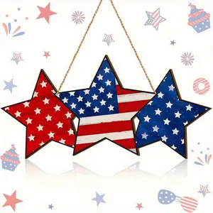 2D plane, 1pcs July 4th patriotic theme wooden hanging doorplate, country-style five-pointed star decoration, durable artificial wood indoor/outdoor wall or porch decoration, suitable for Independence Day, Independence Day decoration