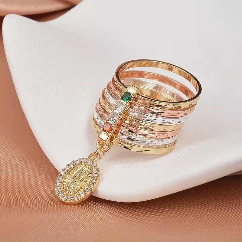 Tri-Color Semanario Ring for Women, 7 Band Gold Silver Rose Gold Our Lady of Guadalupe Virgin Mary Dangle Medal Ring, Multicolor CZ Religious Statement Faith Jewelry Gift