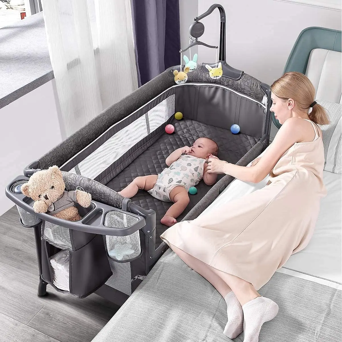 BabyBond Unisex Oxford Fabric Baby Bassinet Bedside Sleeper - Pack and Play, Diaper Changer, Music Mobile - Newborn Baby Stuff for Infants, Grey