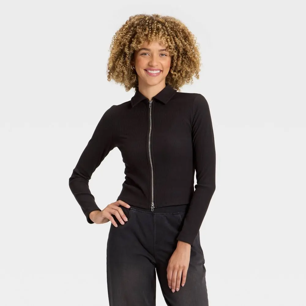 Women's Long Sleeve Brushed Ribbed Polo Zip-Up Jacket - A