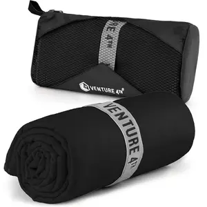 Venture 4th Microfiber Travel Towel for Camping, Hiking, Sports - Quick Dry, Lightweight, Compact - Black Medium