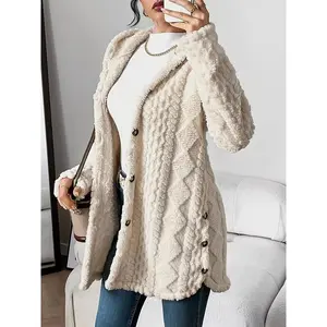Cozy Long Sleeve Elegant Beige Quilted Faux Fur Hooded Cardigan - Machine Washable, Button Front Outerwear with Diamond Pattern, Perfect for Fall/Winter