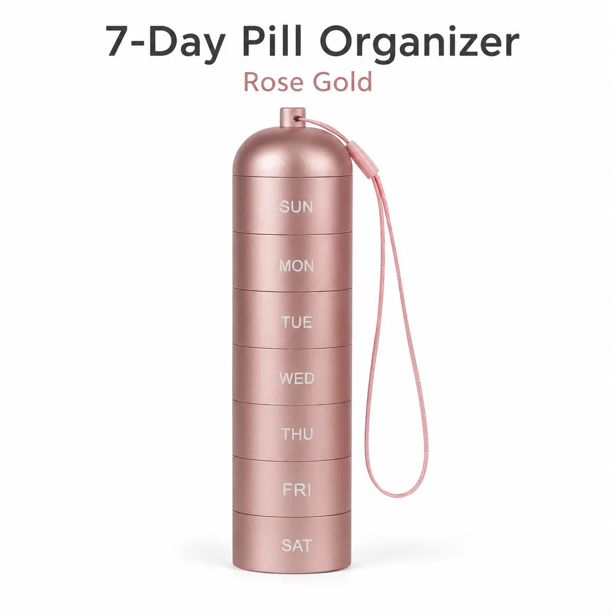 7-Day Metal Aluminum Alloy Pill Organizer with Twist-Lock Compartments, Portable Vitamin Case with Wrist Strap for Travel & Daily Medication Storage (Adults)