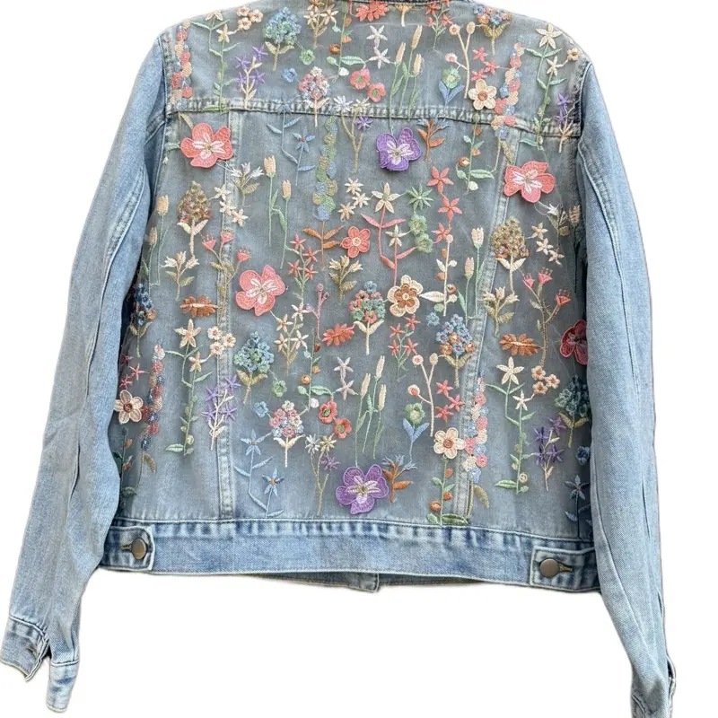 Light Blue Boho Custom Denim Jacket for Women, Floral Lace Jean Festival Outfit with Unique Embroidered Floral Back
