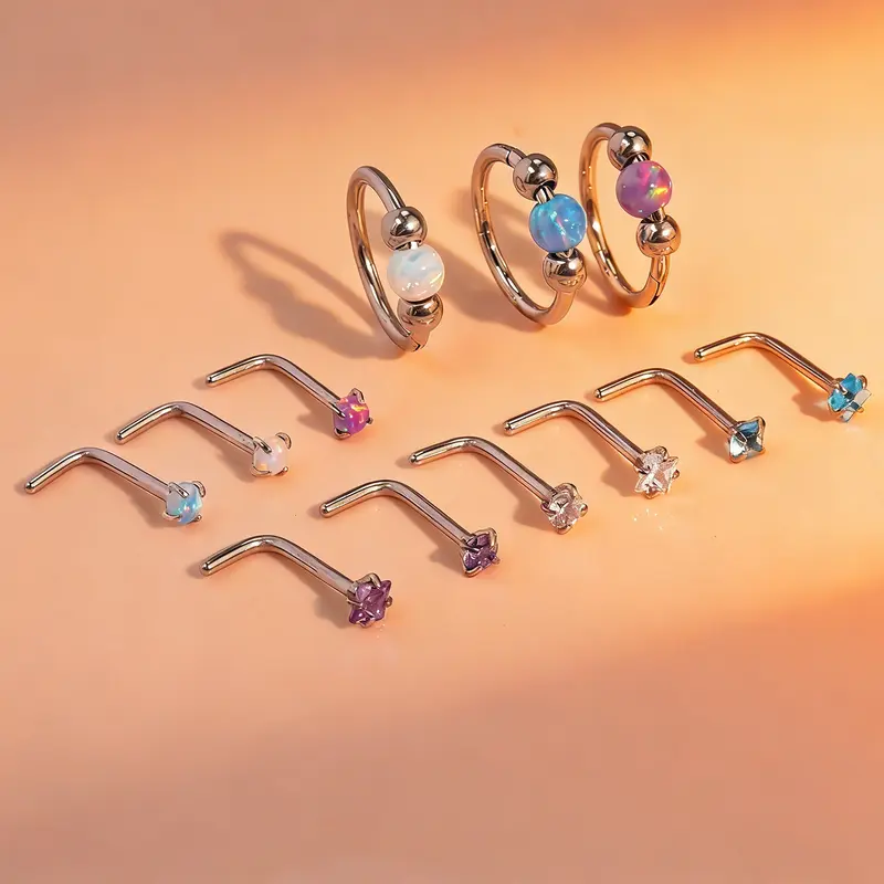 Unisex Adjustable 4PCs Hypoallergenic 316L Surgical Stainless Steel Body Jewelry Set - 0.8mm,1mm-18gauge Hinged Nose Hoop, L-Shaped Studs, Segment Seam Rings for Cartilage Helix Piercing, Nose Rings for Women
