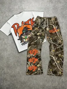 Fashion 2-Piece Set – Streetwear Cartoon Diamond Pattern T-Shirt + Camouflage Pants, Breathable and Comfortable, Ideal for Casual