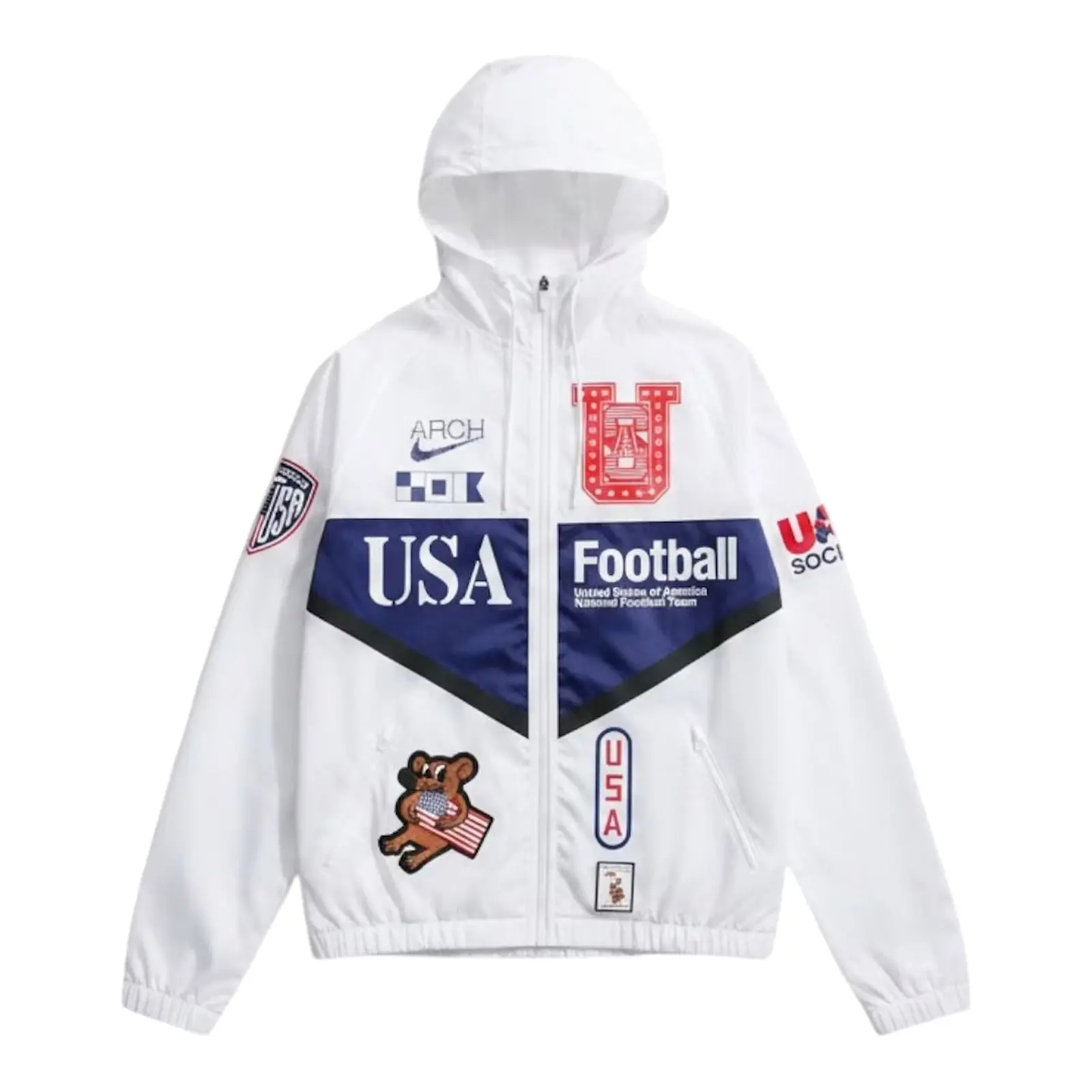 Nike x USMNT x V.A.A. Unisex Anthem Jacket - White, Long Sleeve, Sports Outerwear, USA Football, 100% Authenticity Guaranteed, Authentic Piece, Arch Text, Men's World Cup Fan Sportswear Coat, Football Fashion, Men/Women