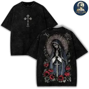 valentine shirts Virgin Mary Graphic T-Shirt, Washed Black Heavy Cotton, Gothic Streetwear