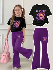Girls Trendy K-Pop T-Shirt and Flared Pants Set, Vibrant Graphic Print, All Over Print, Comfortable All Season Casual Wear