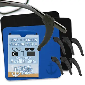 Anchor Glasses Grips + Glasses Lens Cleaning Cloth 3 Pack (2 Black, 1 Blue) - Anti-Slip Eyeglasses Grip Ear Hook - Ultra Soft Premium Microfiber Lens Cloths for Eyeglasses