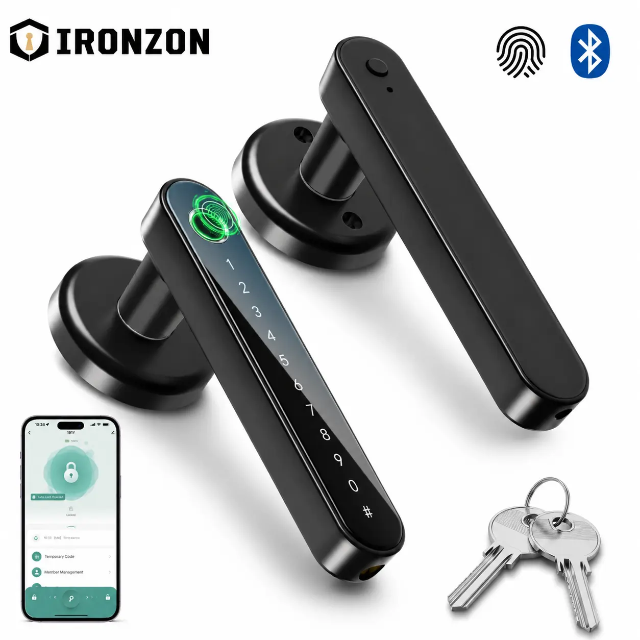 IRONZON 191Y 5-in-1 Smart Fingerprint Door Handle with App Control - Keyless Black Bedroom Door Knob Lock, Keypad, 1-tap Privacy Mode, Auto-Lock, Easy Installation