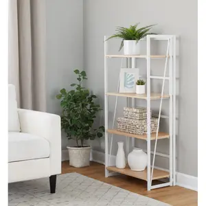 Contemporary Bookcase in White Painted Metal and Natural Wood , Bookcase Shelf for CDs/Movies/Books, Home Office Bookcase Shelf Storage Organizer, Modern Book Shelf for Bedroom/Living Room/Home Office