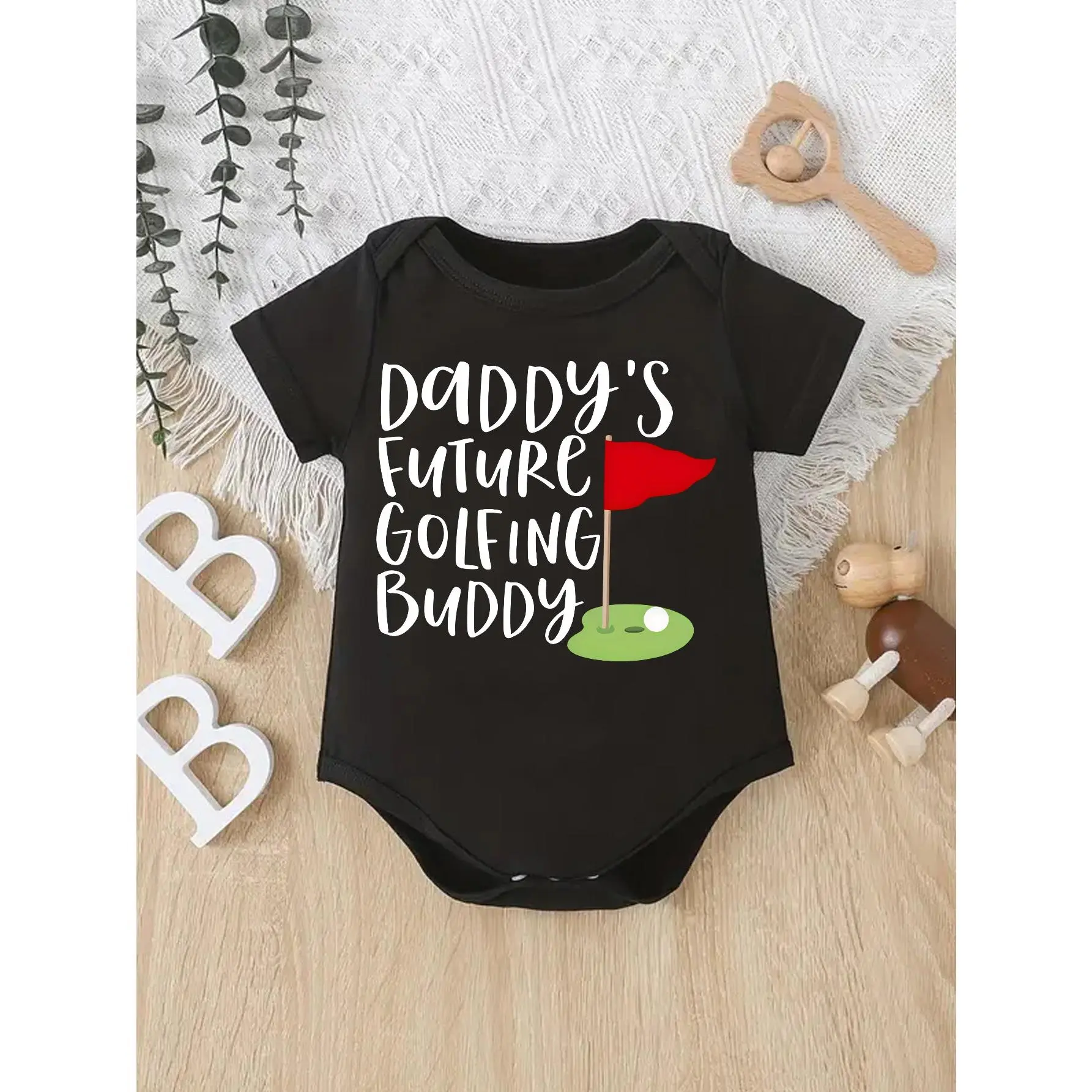 Cute Baby Bodysuit With Daddy S Future Golfing Buddy Print Soft Versatile Round Neck Button Detail Regular Fit All Seasons Knitted Fabric Onesie For 0 12 Months, One Piece Bodysuit, Unisex