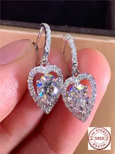 Hypoallergenic S925 Silver Heart Moissanite Earrings, Brilliant Cut Sparkling Halo CZ Dangle Huggie Hoops, Fine Jewelry Gift for Her Wedding Bridal Party
