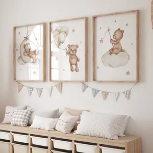 Teddy Bear Nursery Wall Art Set of 3, Neutral Baby Room Decor, Balloon & Moon, Unframed