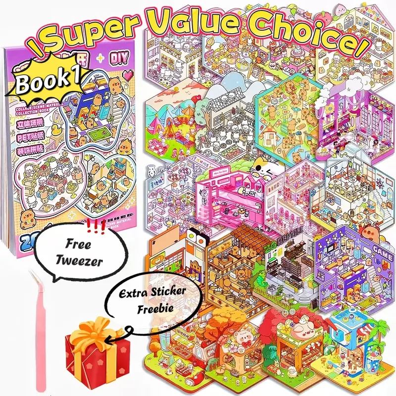 [10/20 Scenes All in 1 Book] Top Value Pick 3D Sticker Scene Books, Cute Animal Mall Themed Stickers, DIY Cartoon Stickers, Halloween & Christmas Sticker Gifts, Screen-Free Activity, Afterwork Crafts, Journal Making, Slient Books for Girls