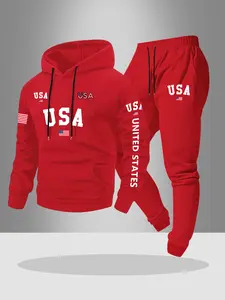 Men's Casual Hoodie Set, Cozy Hoodie, Letter Print Drawstring Sweatshirt + Jogger Pants, Fall & Winter Thick Knit Fabric, Fitted Style, 2 Piece Pack