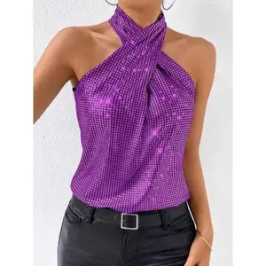 Popular sexy simple sequin halter neck camisole top for women