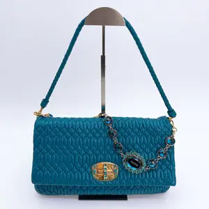 Miu Miu Blue Matelassé Leather Crystal Flap Shoulder Bag