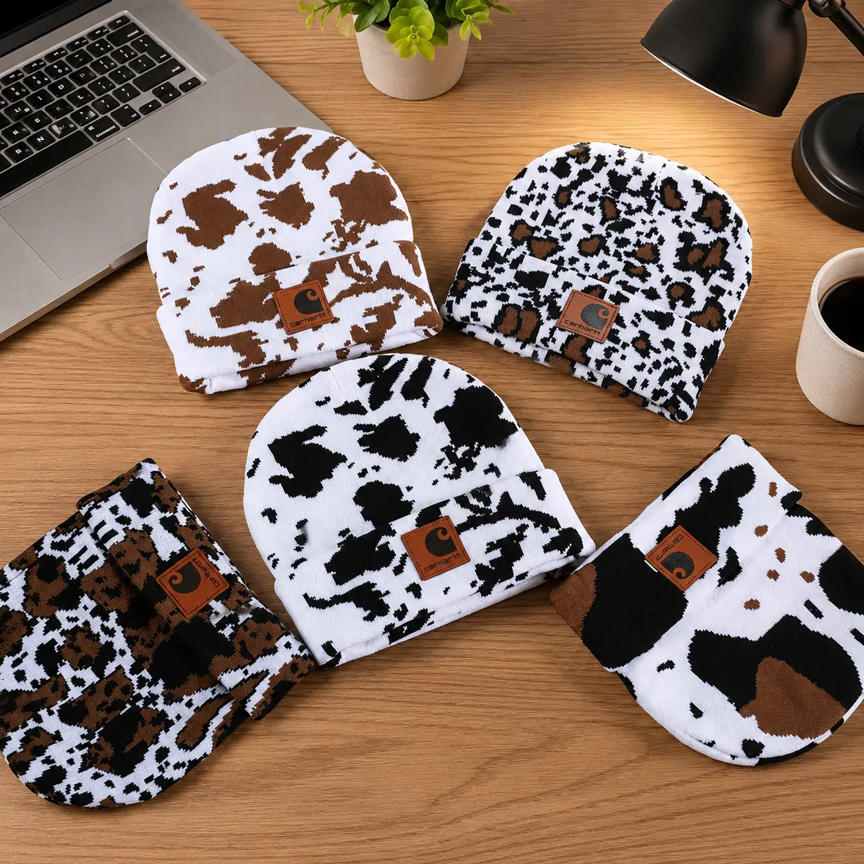 Carhartt Cow Print Knit Beanie Hat for Men Women, Trendy Animal Print Winter Hat, Warm Stretchy Cuffed Beanie Unisex