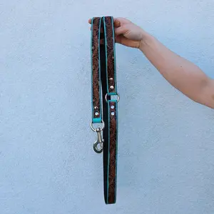 Leather Luna Beam Dog Leash in Turquoise with Decorative Elements and Clip Attachment