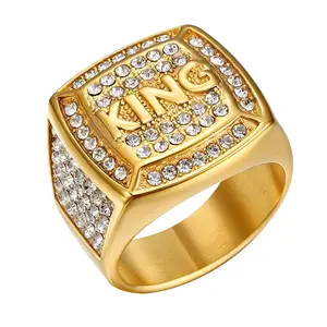 Men’s 18K Gold Plated Signet Ring, KING Letter Hip Hop Punk Club Ring with Zircon Rings for Men, Birthday Party Gift Jewelry