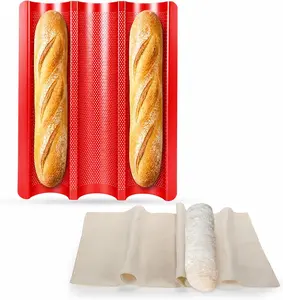Nonstick Perforated 3-Wave Carbon Steel Baguette Bread Pan with Included Dough Proofing Cloth, Red Baguette Baking Tray for Baking Baguettes and Rolls