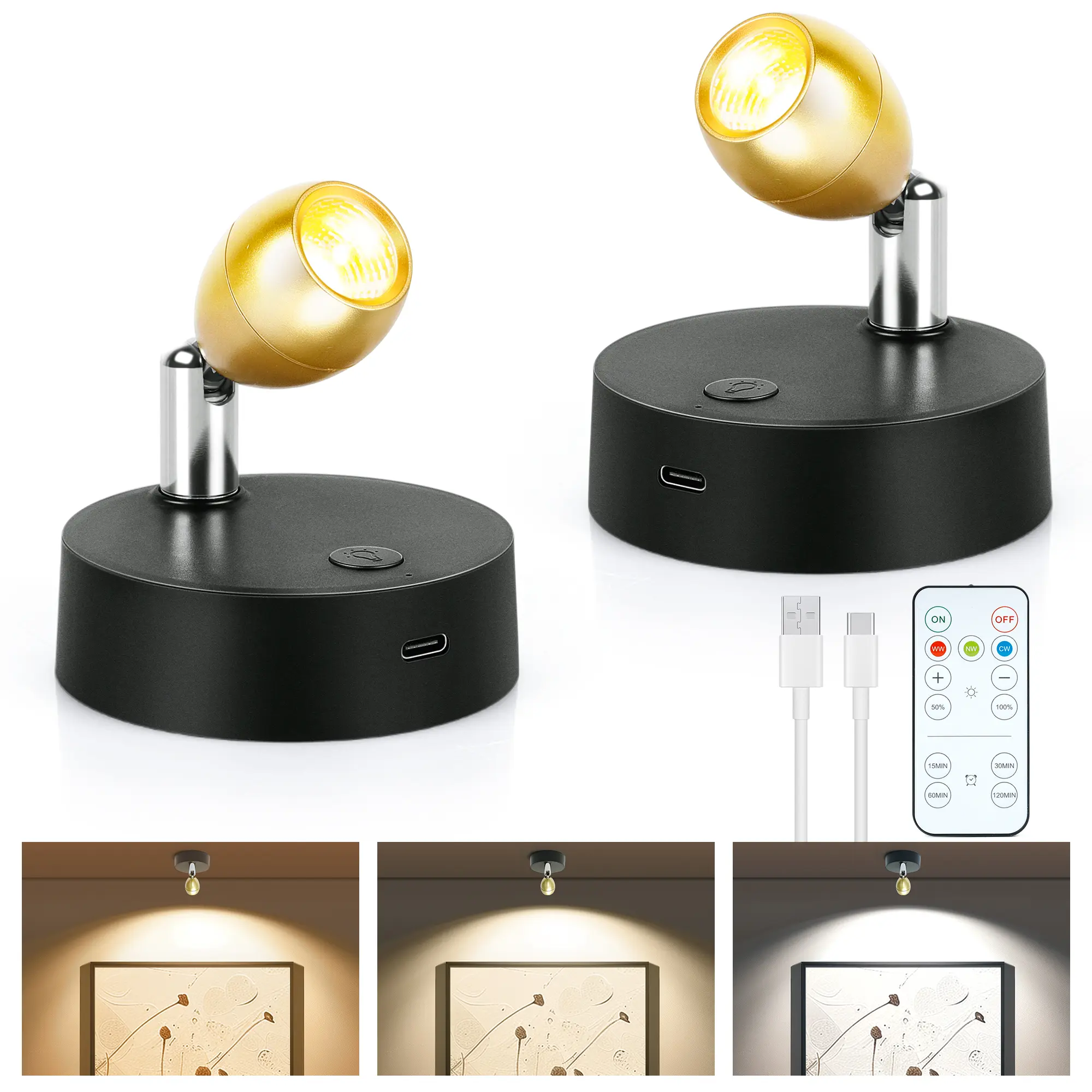Wireless LED Spotlight, Rechargeable Model Picture Light, Indoor Uplighting, Spherical Light with Remote Control, Plant and Wall Art Display Dart Board Closet Spotlight, Black
