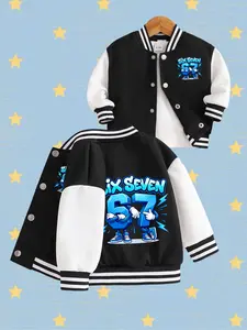 Boys' Cool Blue Number '67' Cartoon Baseball Jacket, Striped Sleeve Button Closure, Casual Loose-Fit Outerwear for All Seasons, Striped Trim Jacket