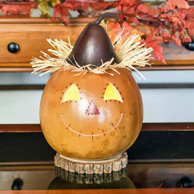 Hand-Crafted Scarecrow Head Gourd Luminary - Sawyer Large Lit
