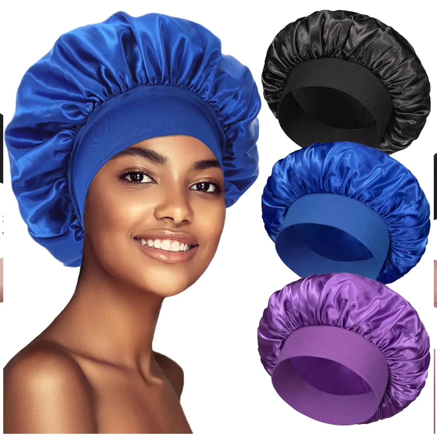 Women's 3-Pack Satin Hair Bonnets - Wide Band Sleep Caps with 12.9” dia. Roomy Fit, Smooth Satin Feel Fabric, Lightweight Breathable Stretch, Overnight Care for Curly Locs, Heatless Curls Wear