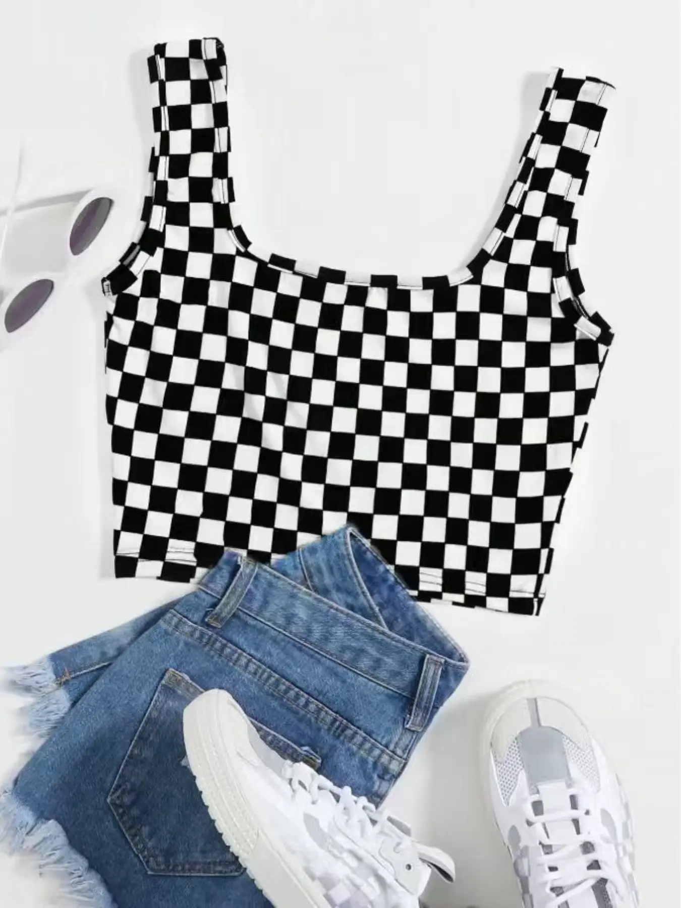 Women's Checkerboard Halter Neck Top, New Summer & Spring Fashion Casual Layering Camisole Tank Tops Knitwear, Versatile Inner & Outer Wear, Sleeveless Birdseye Pattern Shirt, Womenswear