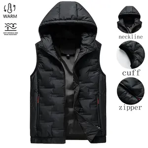 Men’s warm cotton–polyester sleeveless hooded vest — autumn/winter casual streetwear, black men’s vest top