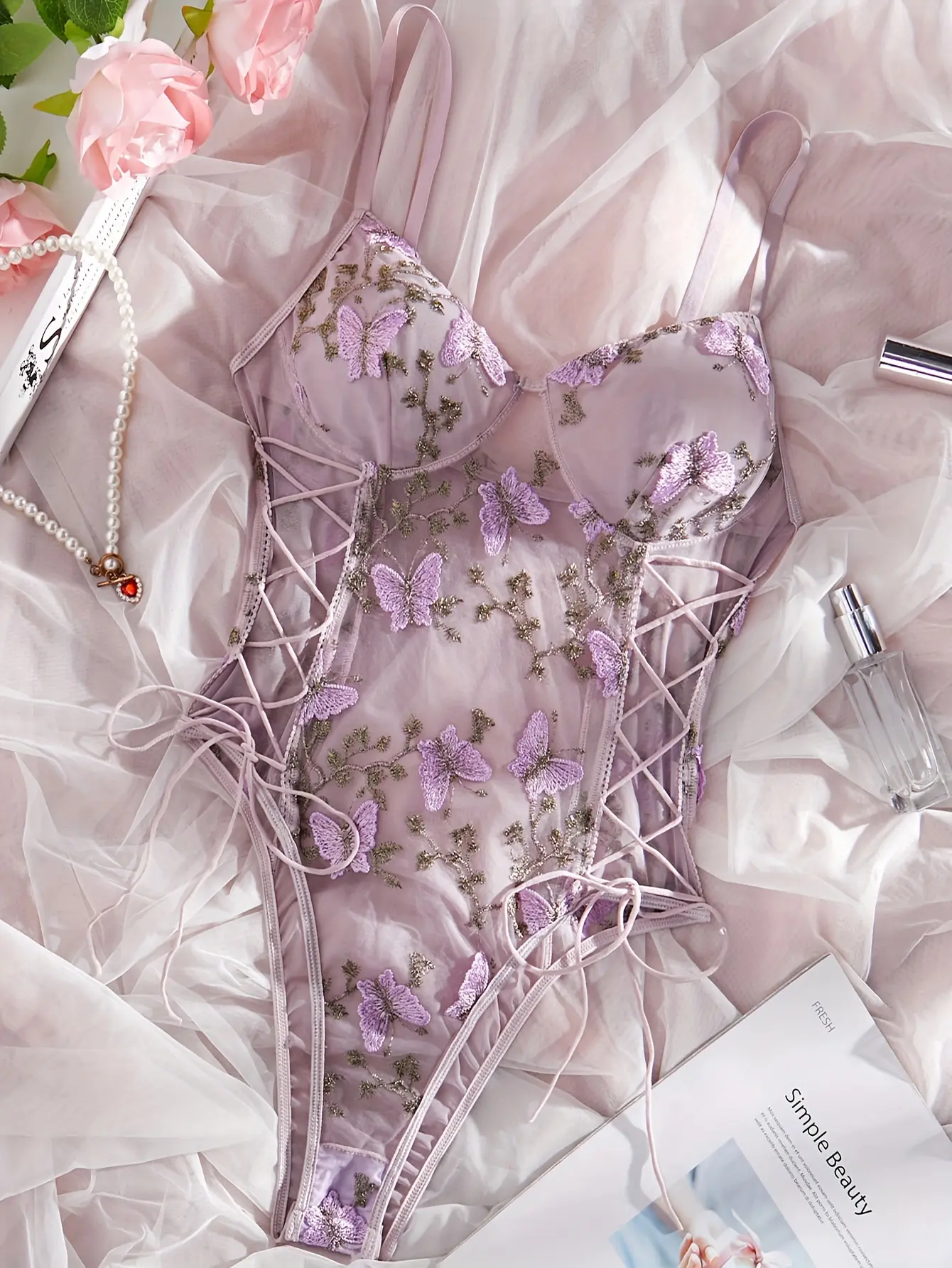 Elegant Purple Butterfly Embroidered Teddy Bear Bodysuit with Deep V-Back and Thong Bottom Sheer Mesh Hand Washable Non-Stretch Polyester Fabric for Women - Womenswear - Knit Lingerie