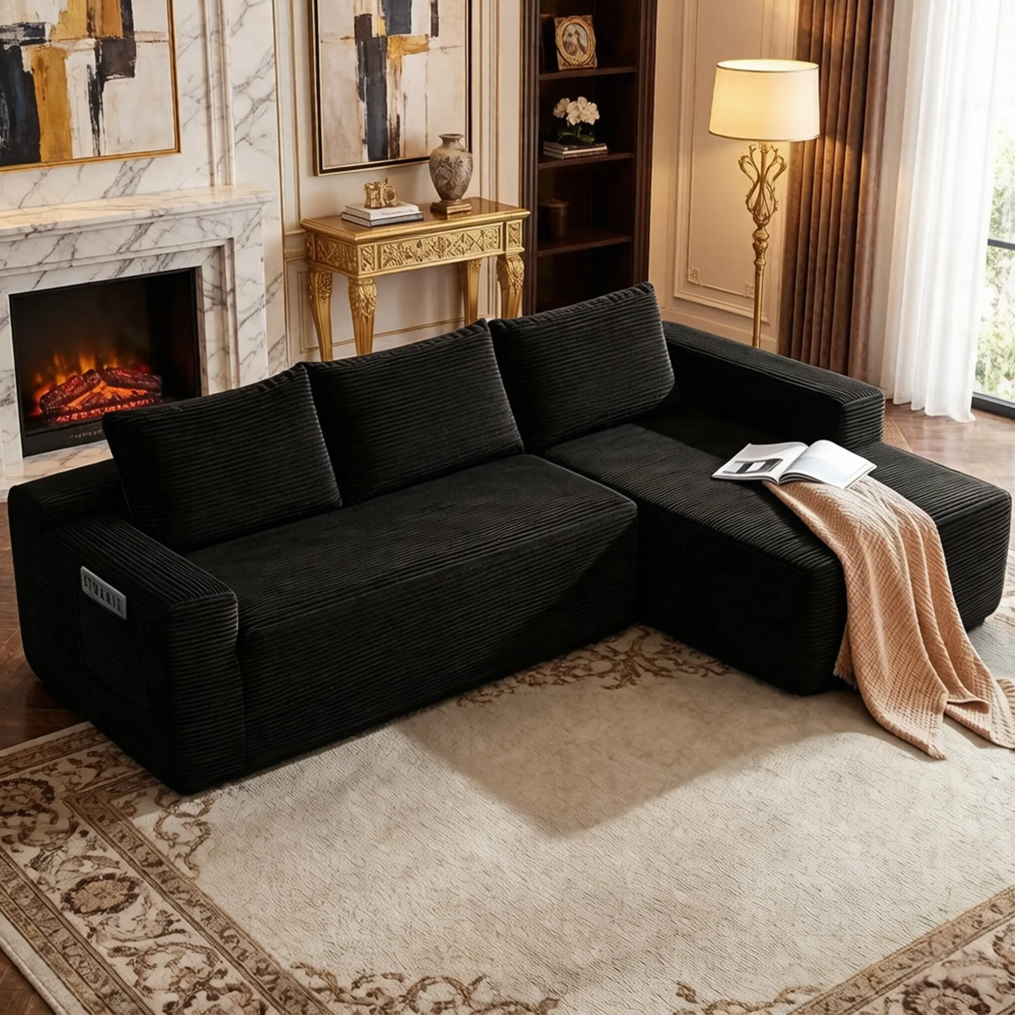 97" Modular Sectional Couch Boneless Sofa for Living Room, Black L Shaped Couch, Cloud Sofa with Deep Seat, Comfy Fluffy Couch with L-Shaped Chaise, Plush Corduroy Fabric, No Assembly Required