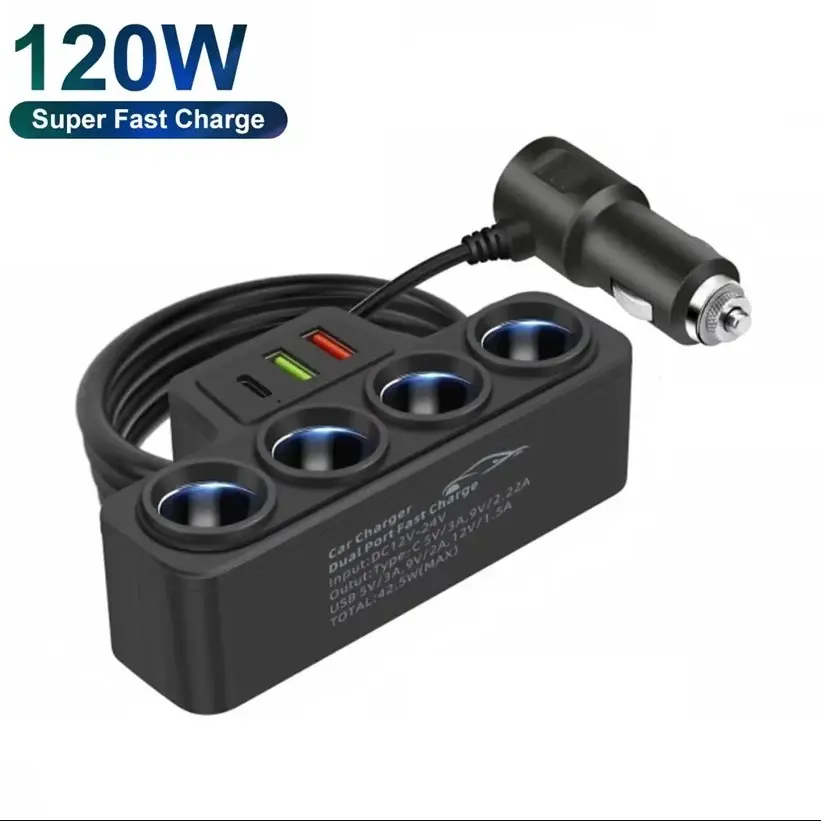 120W High-Power USB Type-C Socket Car Cigarette Lighter Splitter Plug, 12V-24V Multi-Port Fast Charger Power Adapter with ABS Plastic, Portable Fold Stand for Phones, Car DVR, GPS Dashcam Multiple Device Charging Tech Gift compact chargeable