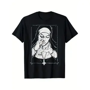 Women's 100% Cotton Funny Unholy Drug Nun Costume T-Shirt, Casual Crew Neck Shortsleeve Top, Breathable Essential Tee for Couples