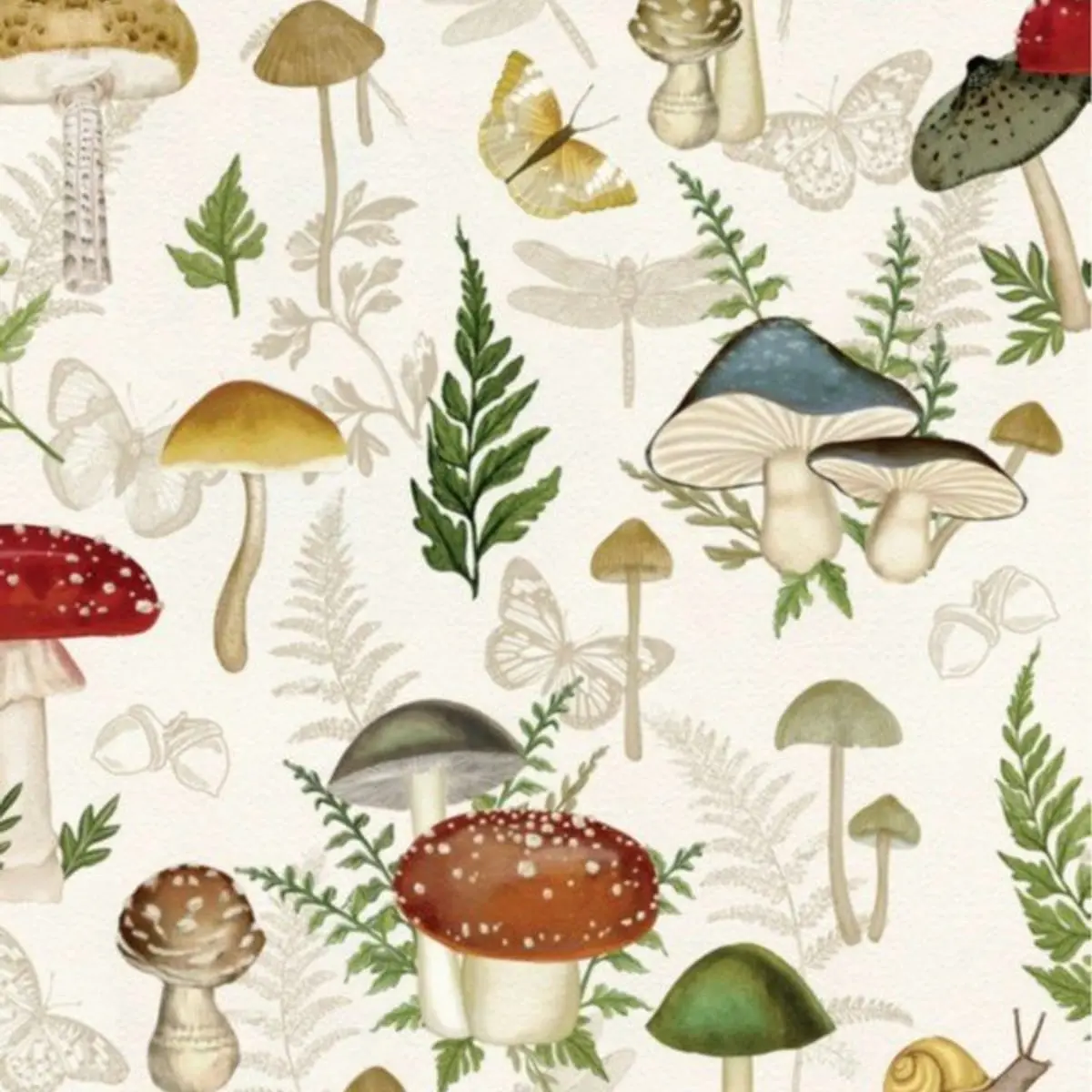 Mushroom Fabric with Ferns & Butterflies | Springs Creative | 100% Cotton Quilting Fabric | 1/2 Yard
