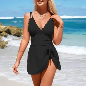 1 PC Women's 4-in-1 Swimdress - V Neck Cut Out One-Piece, Tie Knot Skirt Bathing Suit, Comfort Fit for Swimming, Ideal for Beach & Pool