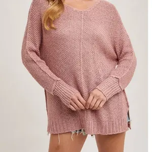 Bluivy Reverse Seam Loose Fit Sweater in Soft Pink with Frayed Hem and Ribbed Sleeves