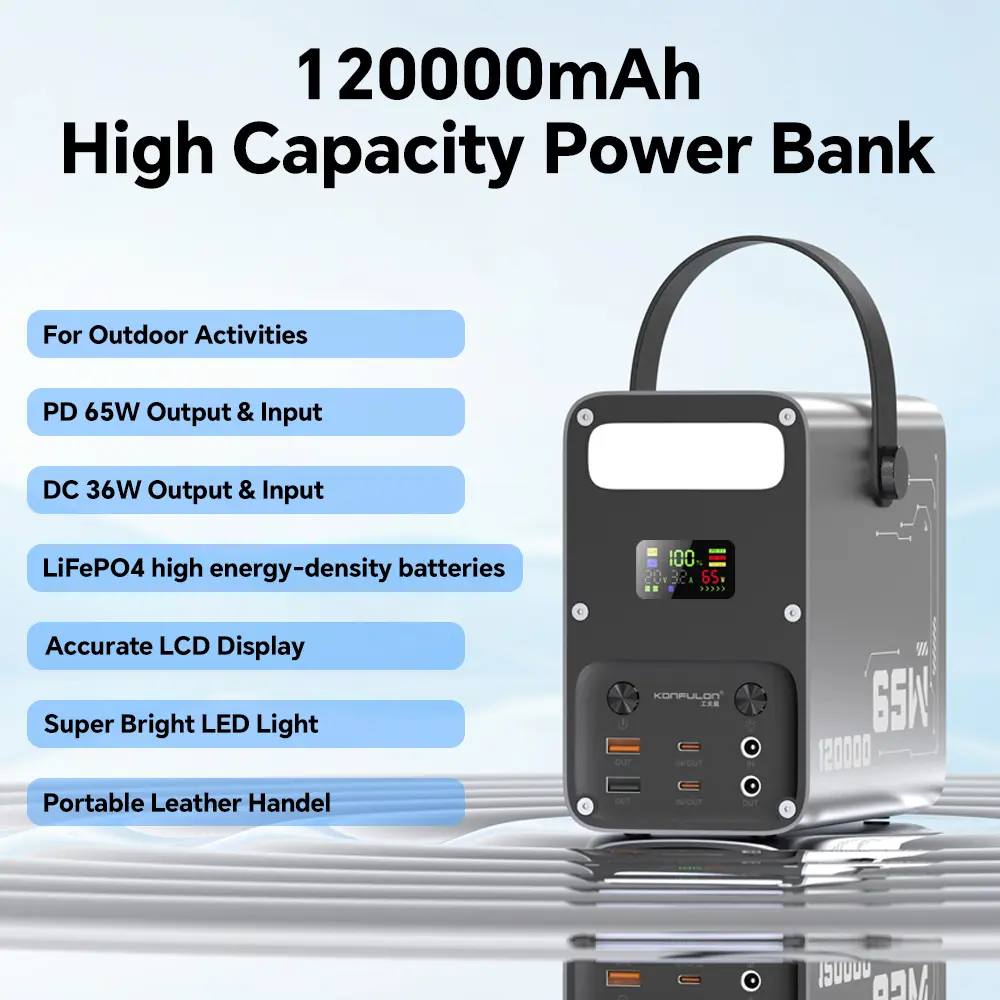 KONFULON 120000mAh LiFePO4 Power Bank Charger - 444WH Portable Chargeable Power Station, PD 65W Fast Charging, DC 36W 12V/3A Output, Bright LED Light, Leather Handle, Manufacturer Warranty - for Mobile Devices, iPhone 17 Pro Max, Laptop, Camping