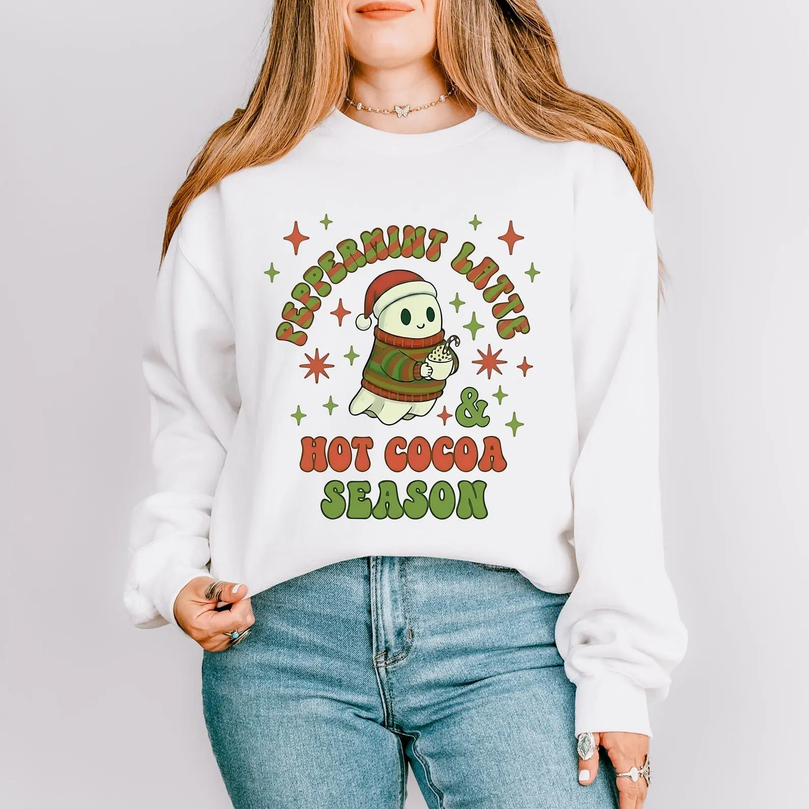Retro Christmas Ghost Sweatshirt | Cozy Holiday Crewneck | Cute Gift for Hot Cocoa & Peppermint Latte Lovers