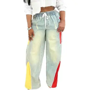 Women Striped Drawstring Jeans Elastic High Waisted Straight Wide Leg Baggy Sweatpants Jeans Basic Blue